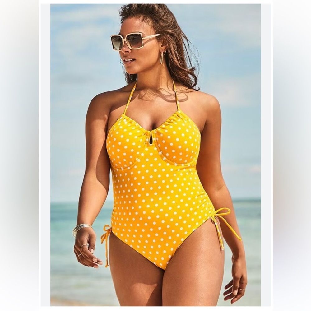 Ashley Graham swim for all NWT 6 yellow Polka Dot One-Piece Swimsuit